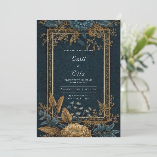  Navy Gold Floral Wedding Kaart (Staand voorkant)