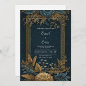  Navy Gold Floral Wedding Kaart (Voorkant / Achterkant)