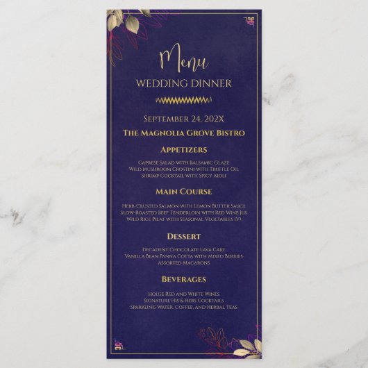 Navy Gold Floral Wedding Menu Sjabloon (Voorkant)