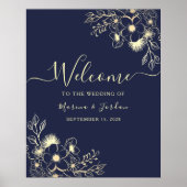 Navy Gold Floral Wedding Welkom Poster (Voorkant)
