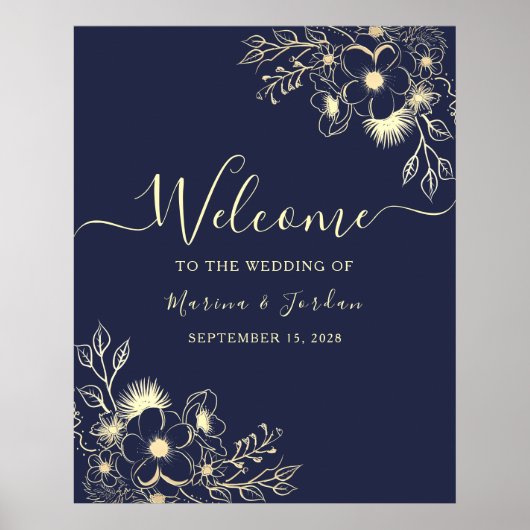 Navy Gold Floral Wedding Welkom Poster (Voorkant)