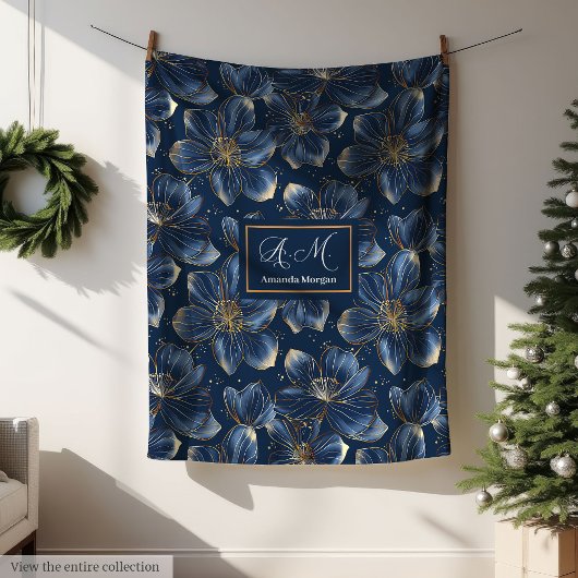 Navy Gold Flower Blanket Modern Custom Name Style Fleece Deken