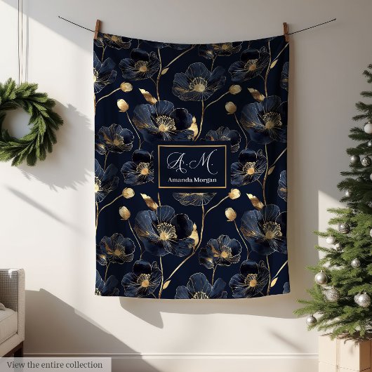 Navy Gold Flower Blanket Modern Custom Name Style Fleece Deken