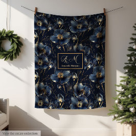 Navy Gold Flower Blanket Modern Custom Name Style Fleece Deken