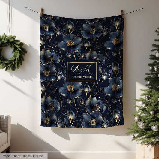 Navy Gold Flower Blanket Modern Custom Name Style Fleece Deken