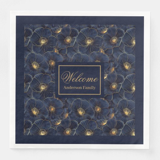 Navy Gold Flower servetten Moderne Monogram stijl (Voorkant)