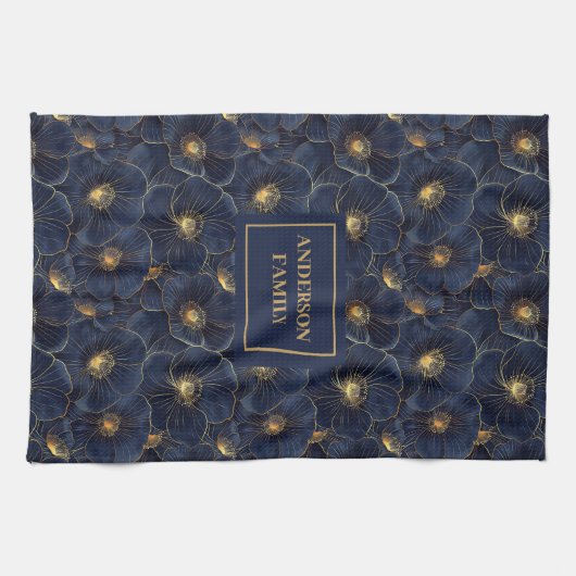 Navy Gold Flower Towel Modern Monogram Kitchen Theedoek (Horizontaal)