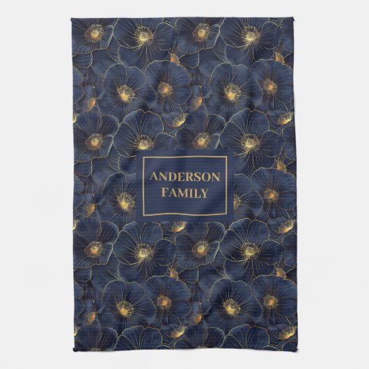 Navy Gold Flower Towel Modern Monogram Kitchen Theedoek (Verticaal)
