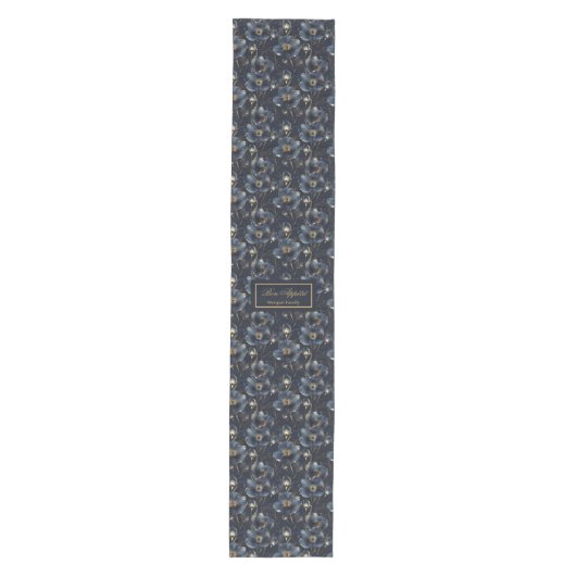 Navy Gold Flowers Table Runner Chic Modern Keepsak Medium Tafelloper (Voorkant)