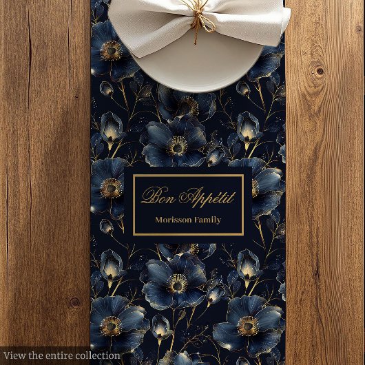 Navy Gold Flowers Table Runner Chic Modern Keepsak Medium Tafelloper