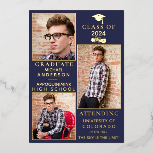 Navy Gold Foil HS Afstuderen Aankondiging (Voorkant)