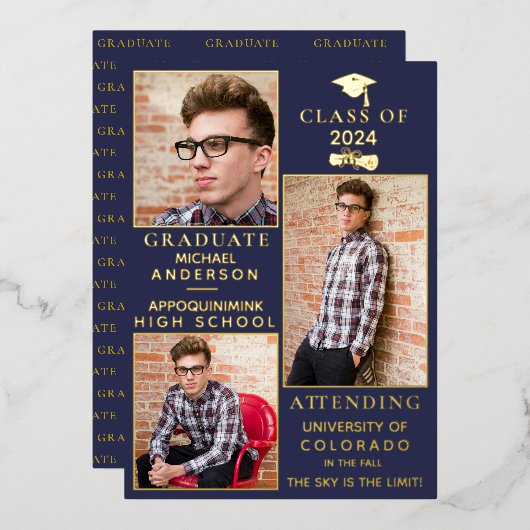 Navy Gold Foil HS Afstuderen Aankondiging (Voorkant / Achterkant)