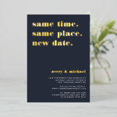 Navy & Gold Foil Modern Wedding Postponement Kaart (Staand Voorkant)