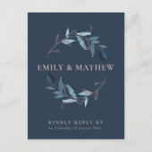 NAVY GOLD FOLIAGE WATERVERF KRANS BRUILOFT RSVP UITNODIGING BRIEFKAART (Voorkant)