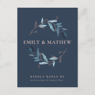 NAVY GOLD FOLIAGE WATERVERF WREATH WEDDING RSVP UITNODIGING BRIEFKAART