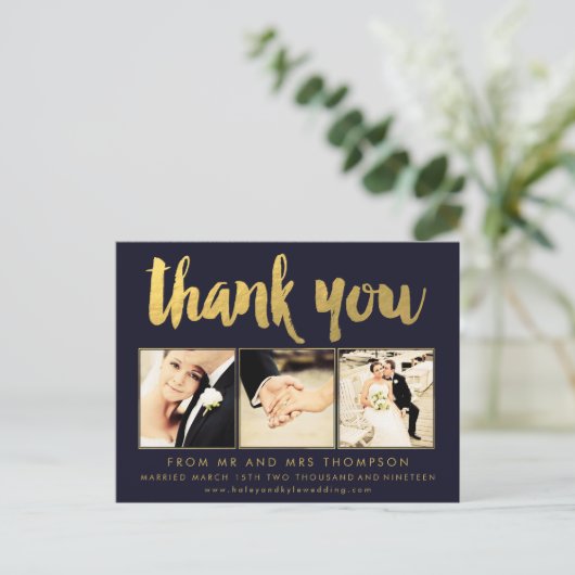 Navy Gold Folie Bedankt Script Typografie Foto Briefkaart (Staand voorkant)