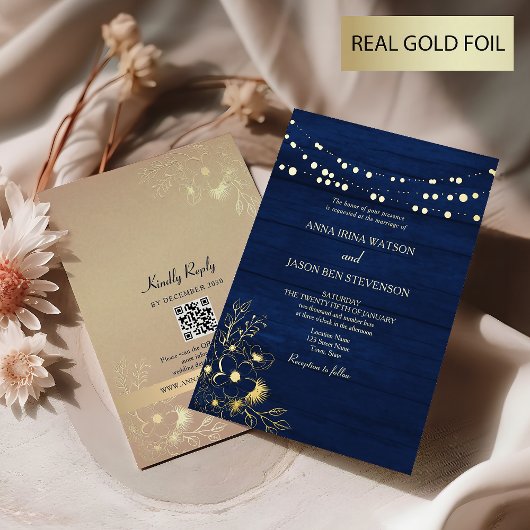 Navy Gold Folie QR Code Huwelijksuitnodiging Folie Uitnodiging