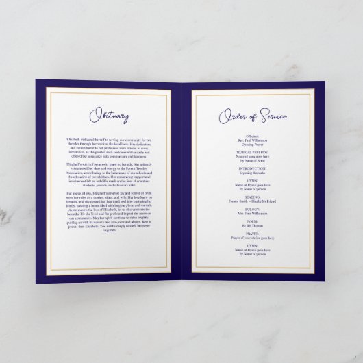 Navy & Gold Funeral Order of Service Fotokaart Kaart (Binnen)