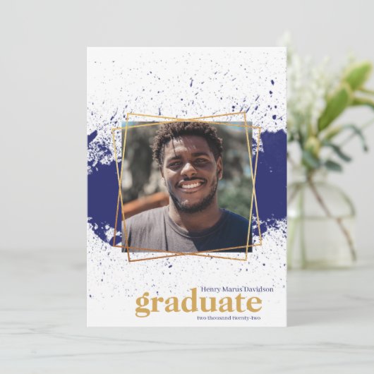 Navy & Gold Funky Splat Afstuderen Kaart (Staand voorkant)