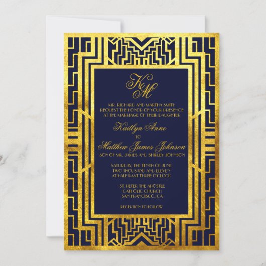 Navy Gold Gatsby Art Deco Wedding Invitation Kaart (Voorkant)