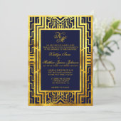 Navy Gold Gatsby Art Deco Wedding Invitation Kaart (Staand voorkant)