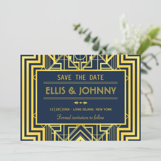 Navy & Gold Geometric Save the Date (Staand voorkant)