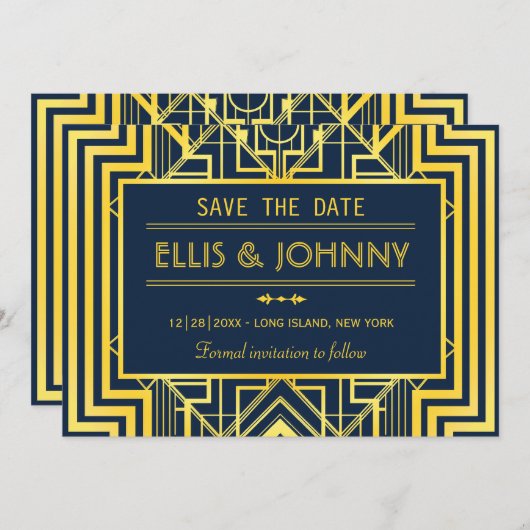 Navy & Gold Geometric Save the Date (Voorkant / Achterkant)