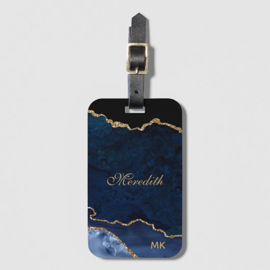Navy Gold Glitter Agate - Gepersonaliseerd Bagagelabel (Voorkant (verticaal))