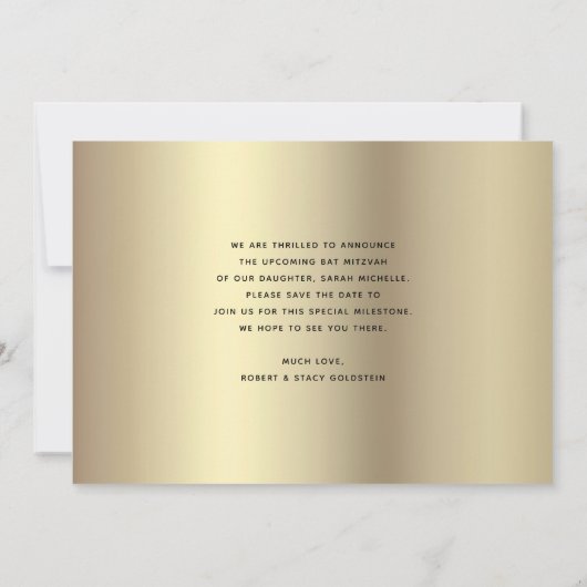 Navy Gold Glitter Bat Mitzvah Script Modern Bold Save The Date (Achterkant)