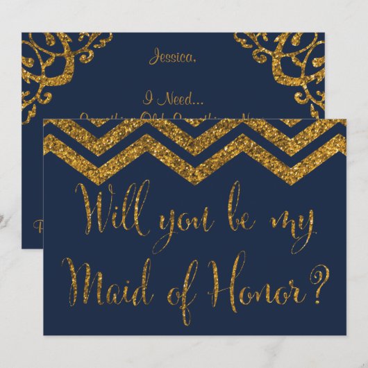 Navy & Gold Glitter, ben je mijn vriendin van eer? Kaart (Voorkant / Achterkant)