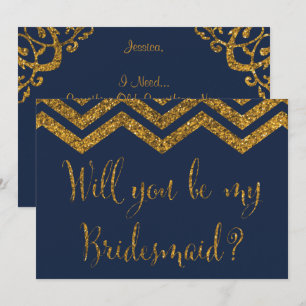 Navy & Gold Glitter   Bent u mijn Bridesmaid? Kaart