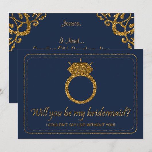 Navy & Gold Glitter | Bent u mijn Bridesmaid? Kaart (Voorkant / Achterkant)