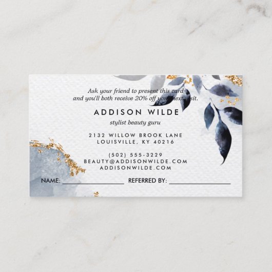 Navy Gold Glitter Botanische Bladeren Modern Aanbevelingskaartje (Achterkant)