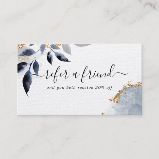 Navy Gold Glitter Botanische Bladeren Modern Aanbevelingskaartje (Voorkant)