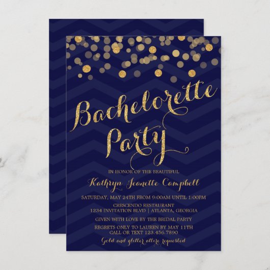 Navy Gold Glitter Confetti Bachelorette Kaart (Voorkant / Achterkant)