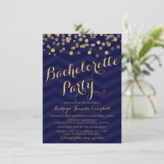 Navy Gold Glitter Confetti Bachelorette Kaart (Staand voorkant)
