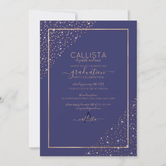 Navy Gold Glitter Confetti Corners Afstuderen Kaart (Voorkant)