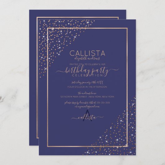 Navy Gold Glitter Confetti Corners Birthday Kaart (Voorkant / Achterkant)