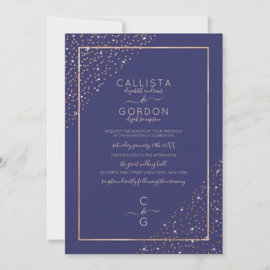 Navy Gold Glitter Confetti Corners Border Wedding Kaart (Voorkant)