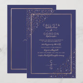 Navy Gold Glitter Confetti Corners Border Wedding Kaart (Voorkant / Achterkant)
