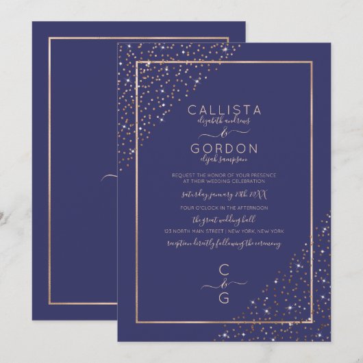 Navy Gold Glitter Confetti Corners Border Wedding Kaart (Voorkant / Achterkant)