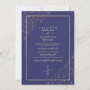 Navy Gold Glitter Confetti Corners Border Wedding Kaart