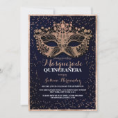 Navy Gold Glitter Confetti Masquerade Quinceañera Kaart (Voorkant)