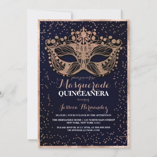 Navy Gold Glitter Confetti Masquerade Quinceañera Kaart (Voorkant)