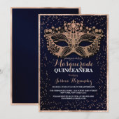 Navy Gold Glitter Confetti Masquerade Quinceañera Kaart (Voorkant / Achterkant)