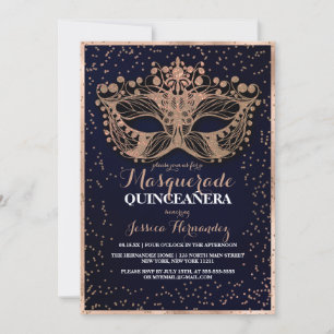 Navy Gold Glitter Confetti Masquerade Quinceañera Kaart