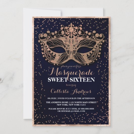 Navy Gold Glitter Confetti Masquerade Sweet 16 Kaart (Voorkant)