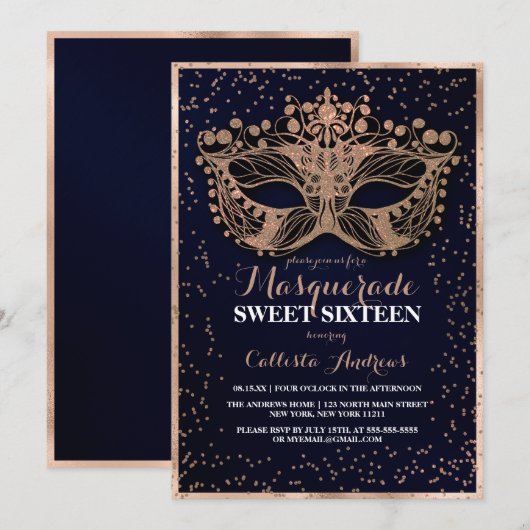Navy Gold Glitter Confetti Masquerade Sweet 16 Kaart (Voorkant / Achterkant)