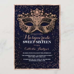 Navy Gold Glitter Confetti Masquerade Sweet 16 Kaart