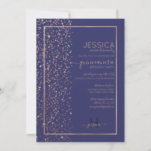 Navy Gold Glitter Confetti Side Quinceañera Kaart (Voorkant)